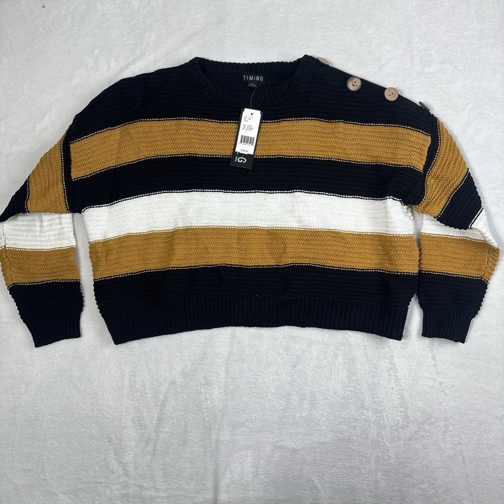 Timing Pullover Long Sleeve Striped Black Gold Knit‎ Crop Sweater Women's Medium